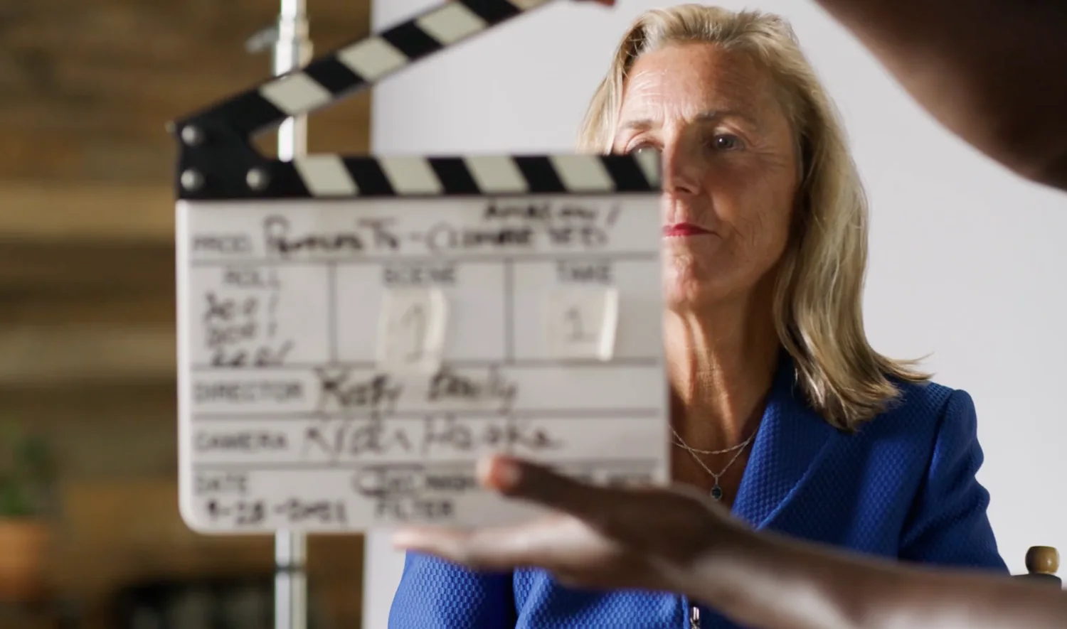 Film production behind the scenes with a clapperboard